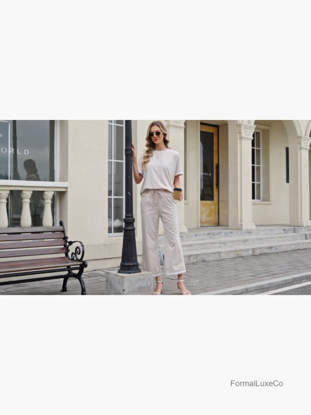 Women's 2 Piece Lounge Set Short Sleeve Wide Leg Pants Travel Outfit - Picture 6 of 7